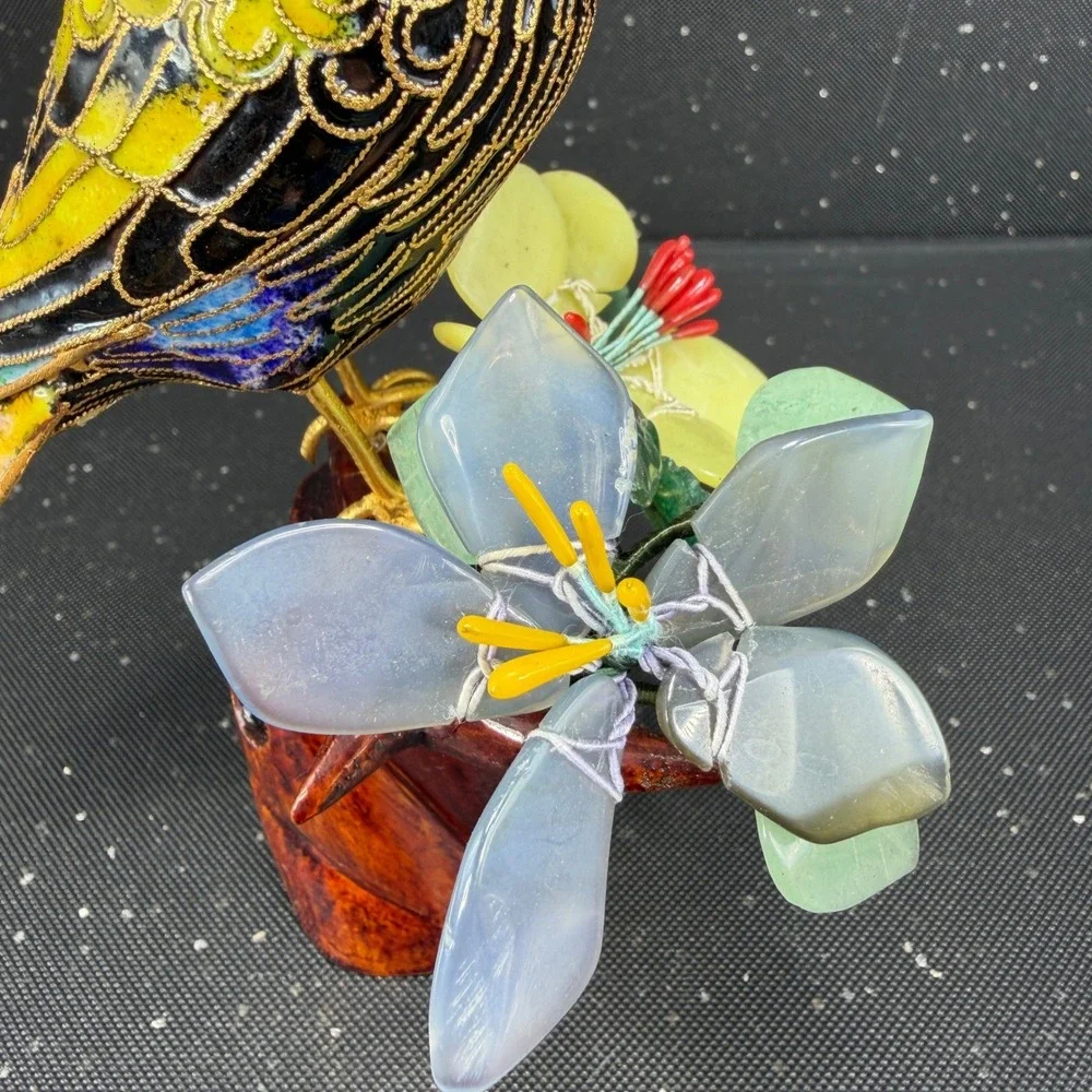 Cloisonne Enamel Bird Figurine Carved Wood Base Quartz Jade Stone Flowers 6in